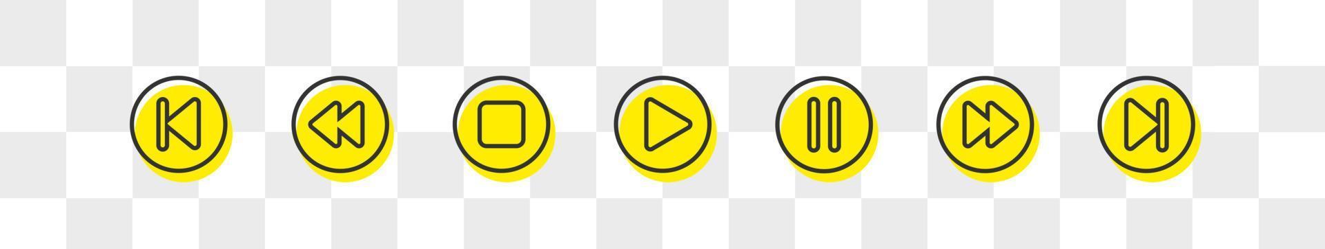 Media player buttons icon set isolated on transparent background. Video or audio player button symbol in cartoon style. Vector illustration.