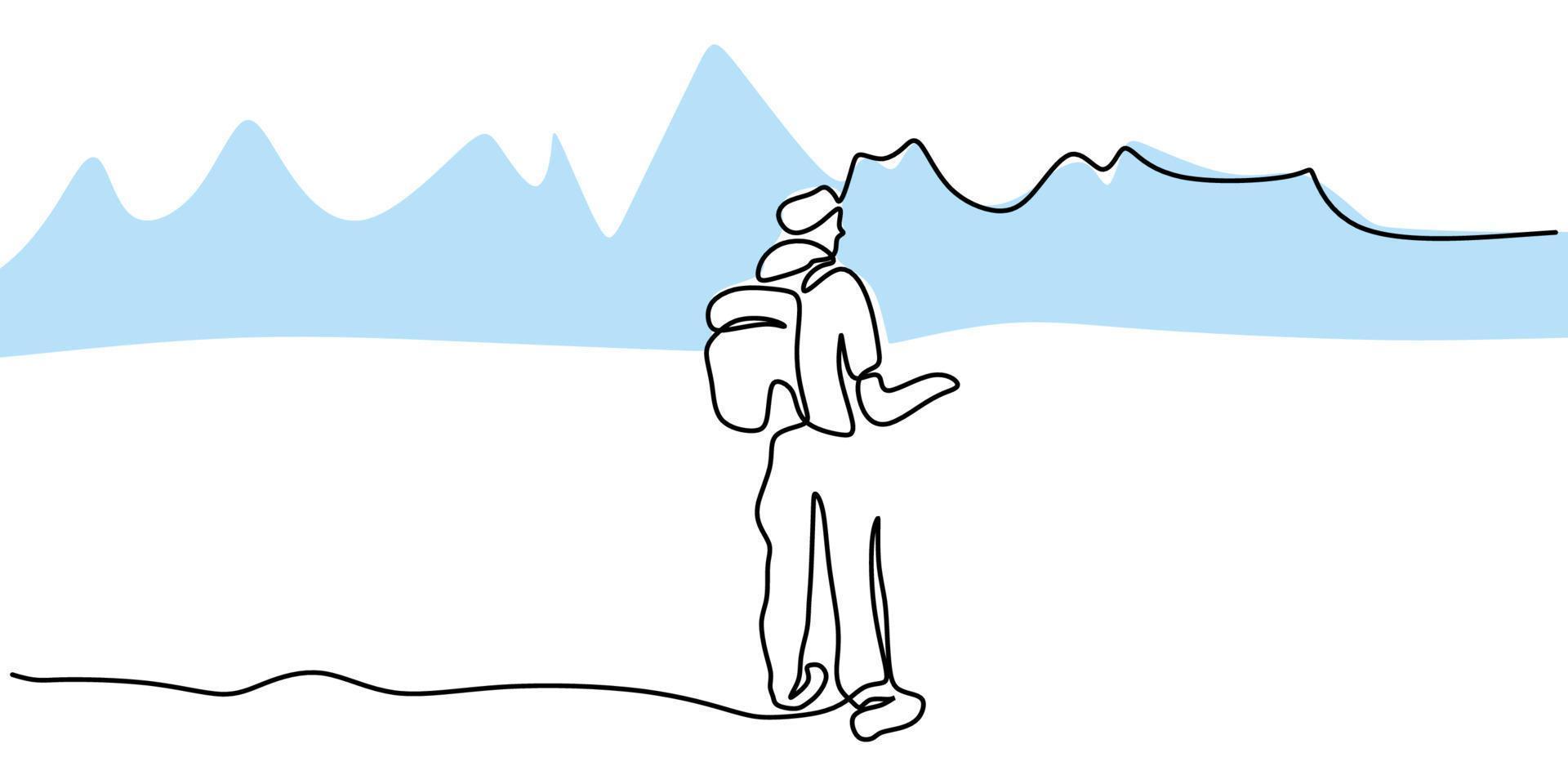 Una línea continua de un hombre caminando en la montaña de hielo. vector