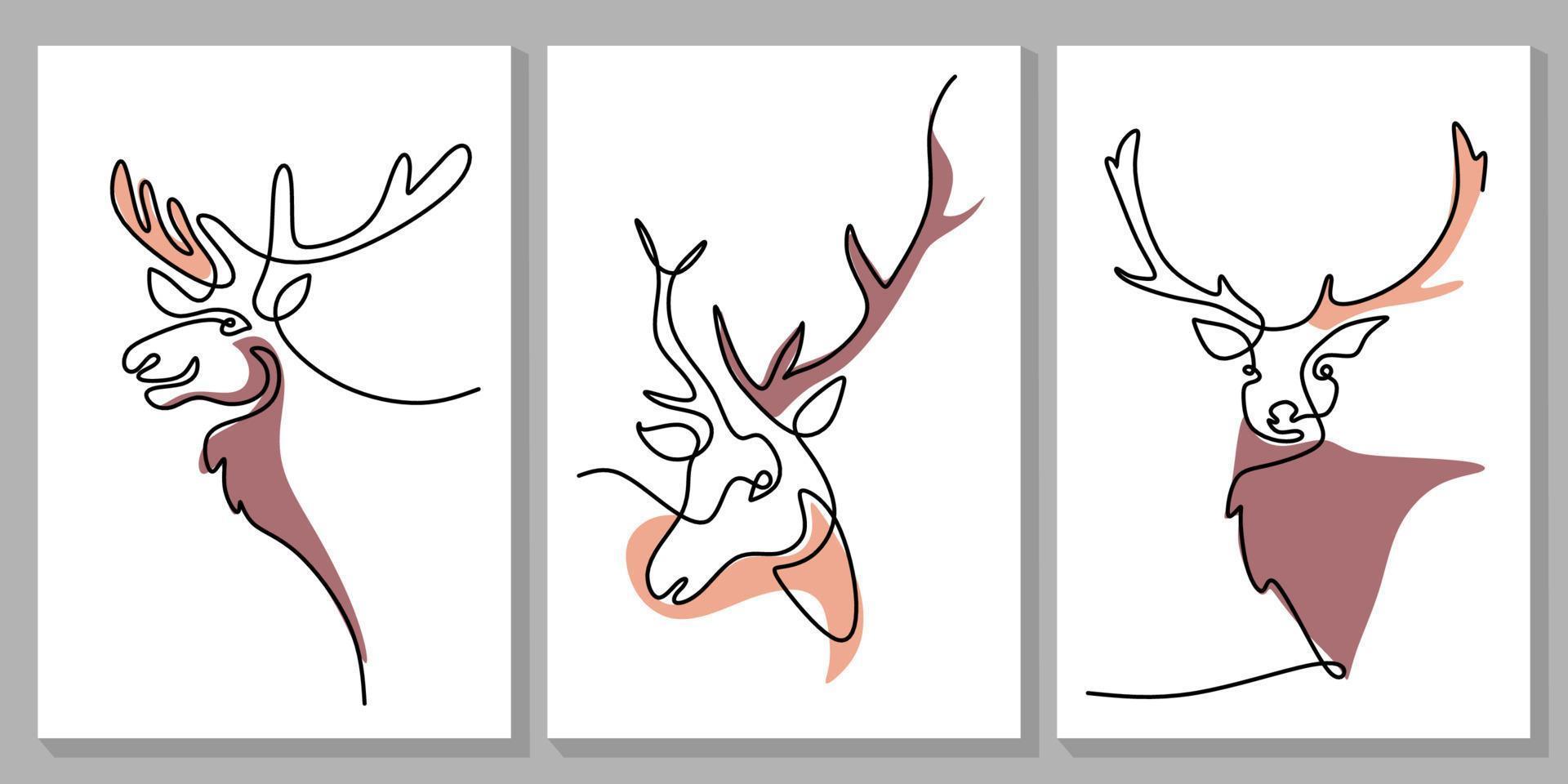 Continuous one line of three deers head poster for wallpaper vector