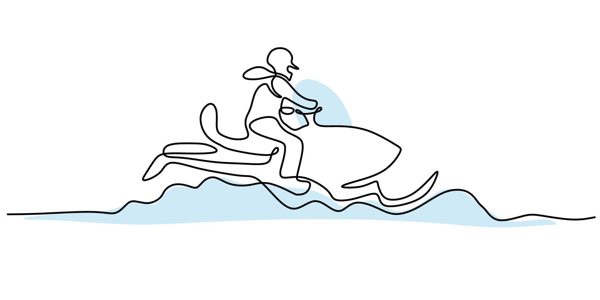 Continuous one line of a man playing snowmobile for winter sport vector