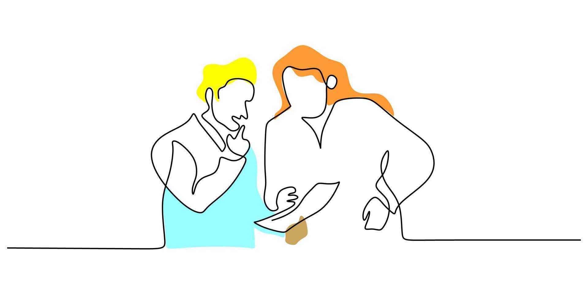 Continuous one single line of two scientist discussion vector