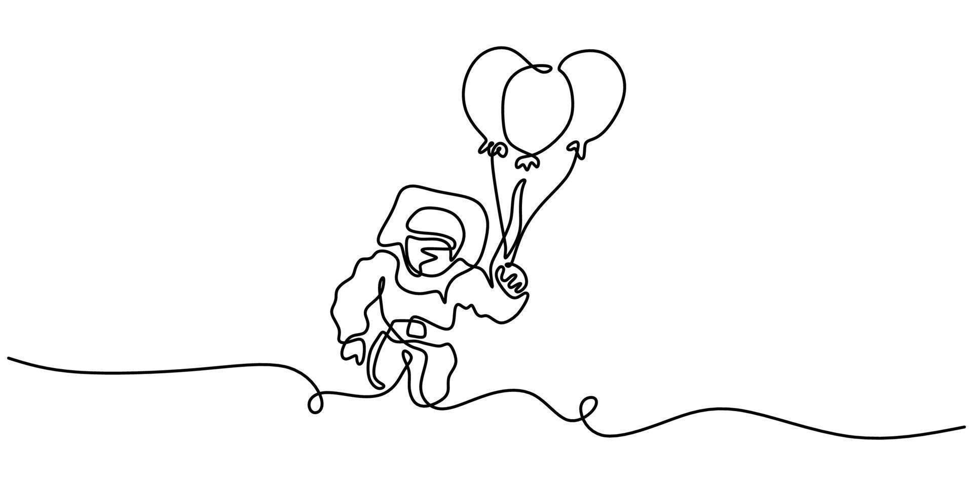 Continuous one line of astronaut flying to the space using balloon vector