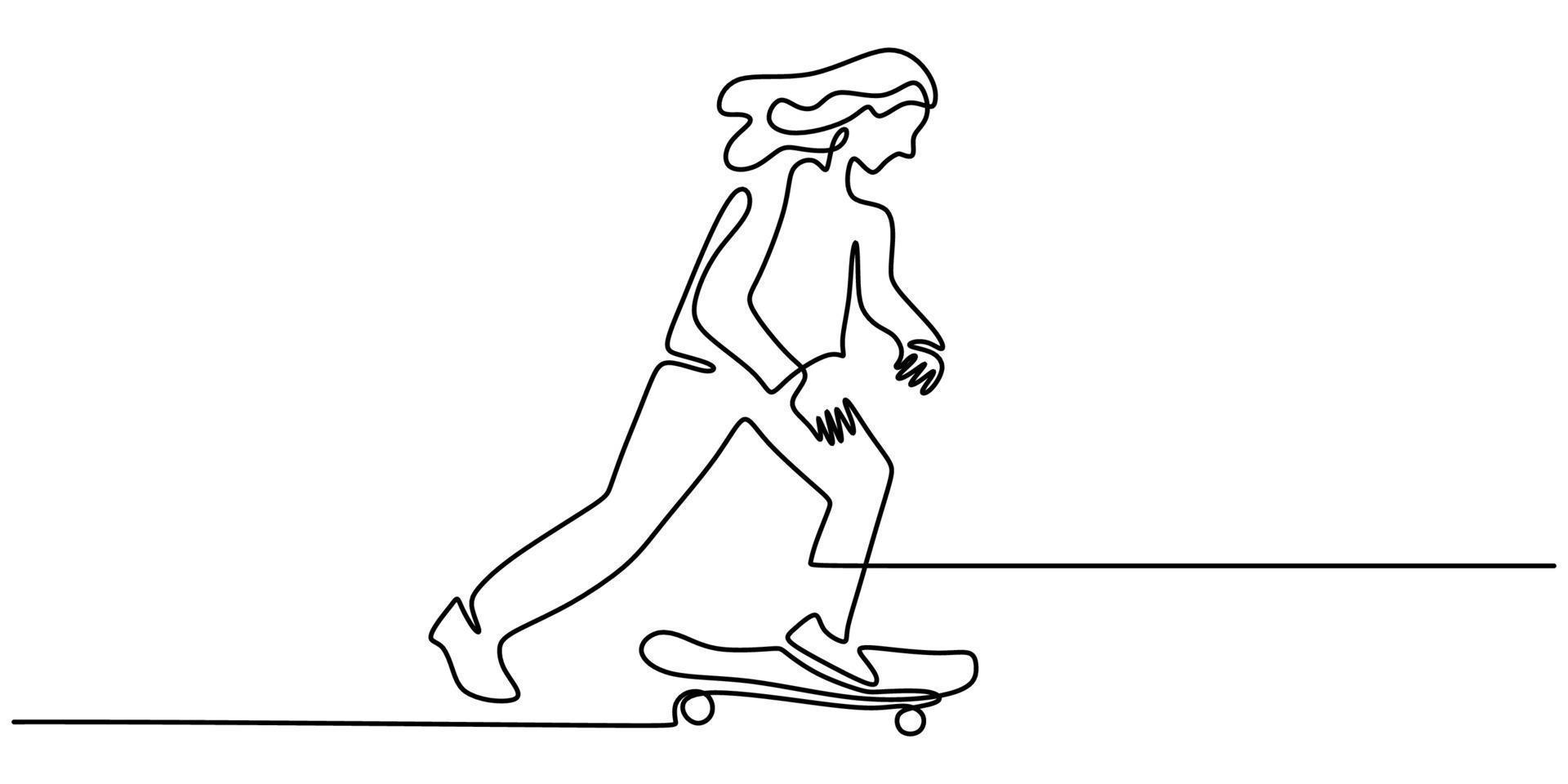 Continua una sola línea de niña jugando patineta. vector