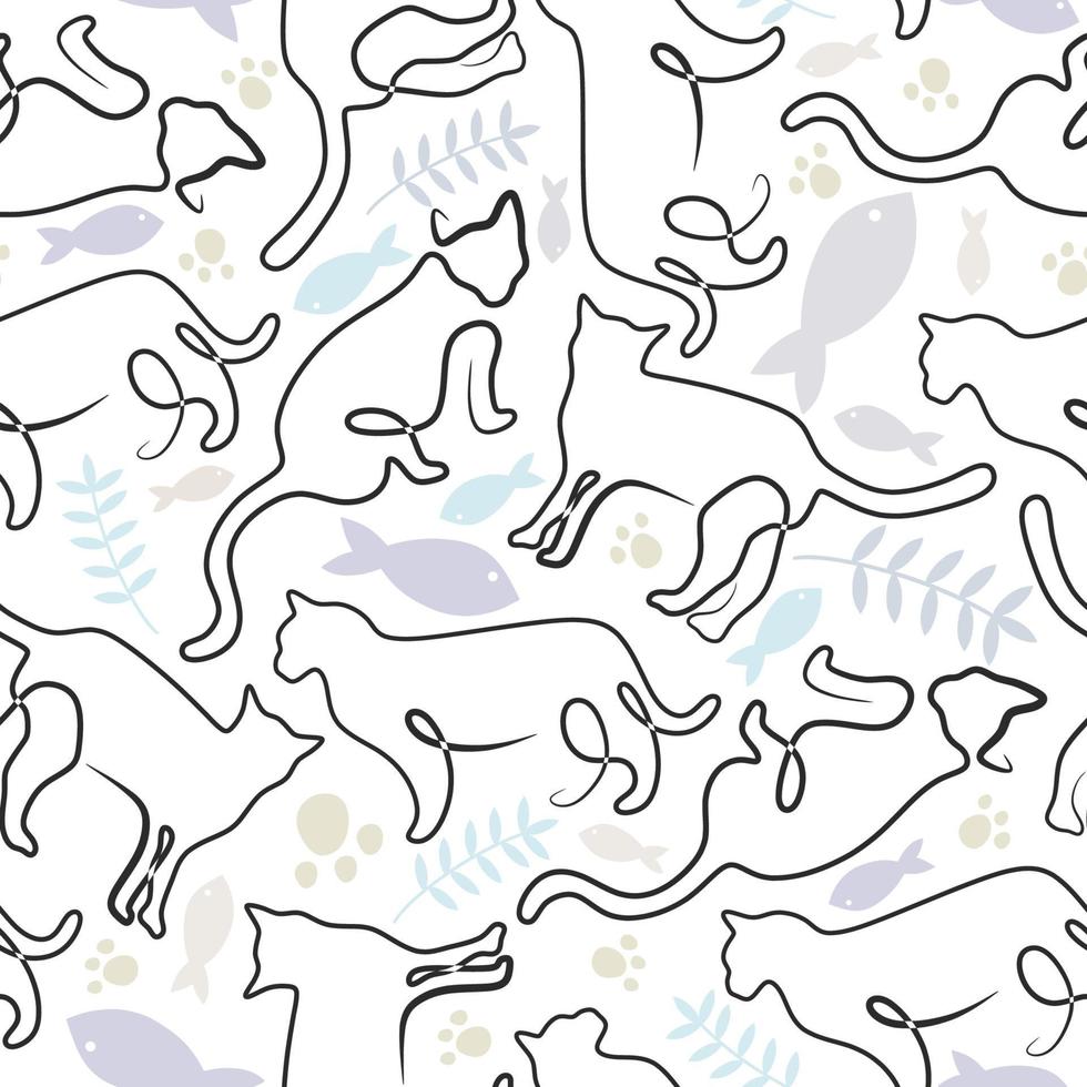 Continua una línea de gato abstracto con patrón floral sin costuras vector