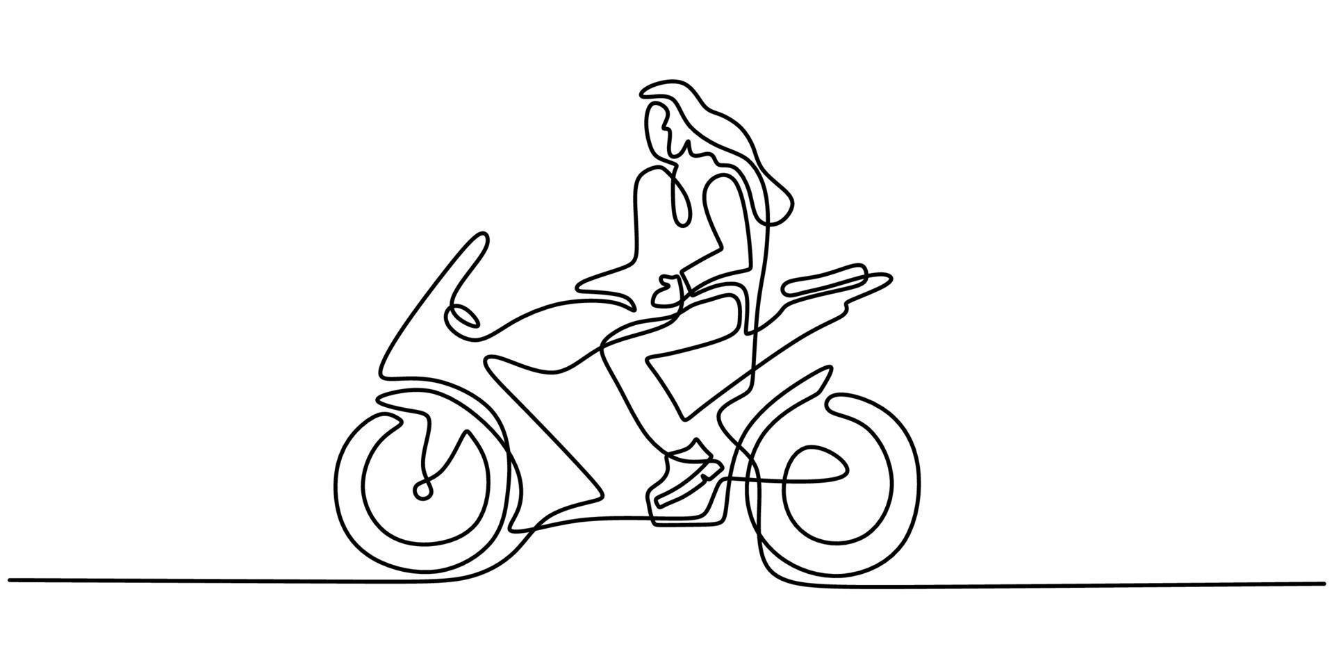 Continua una sola línea de mujer montando motocicleta deportiva. vector
