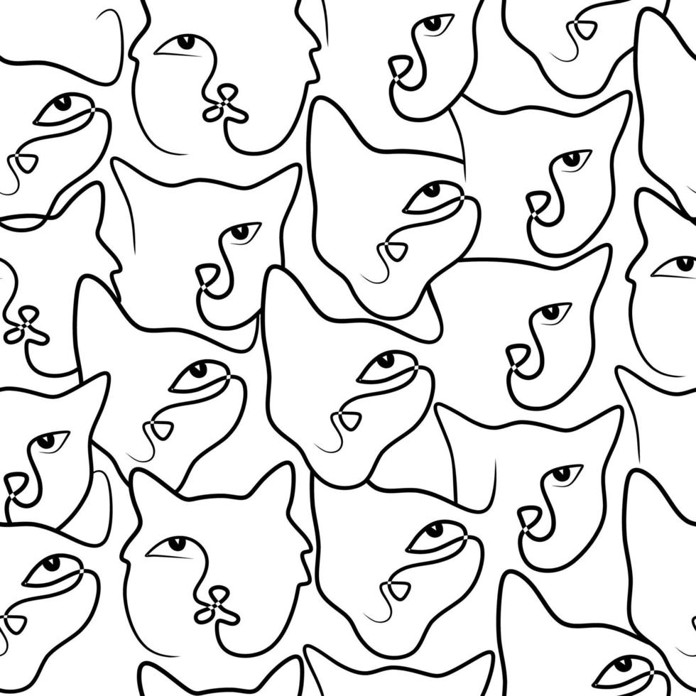 Continuous one single line of cute cat faces seamless pattern vector