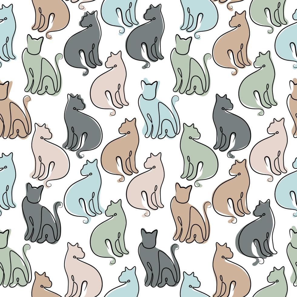 Continuous one single line of colorful cute cat seamless pattern vector