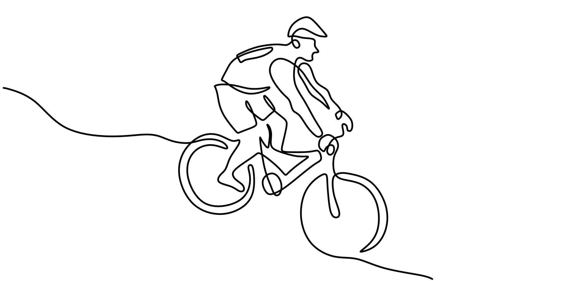 Continua una sola línea de hombre montando bicicleta de montaña. vector