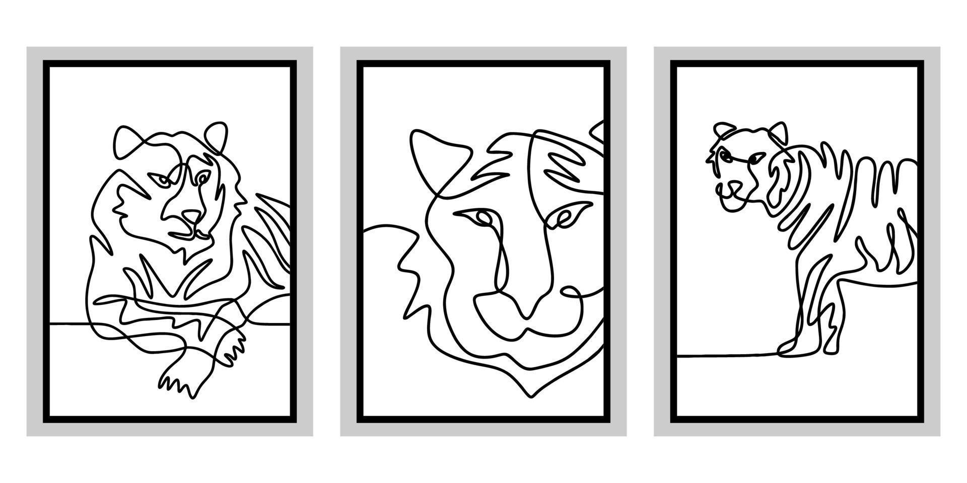 Continuous one line of three surreal tiger posters vector