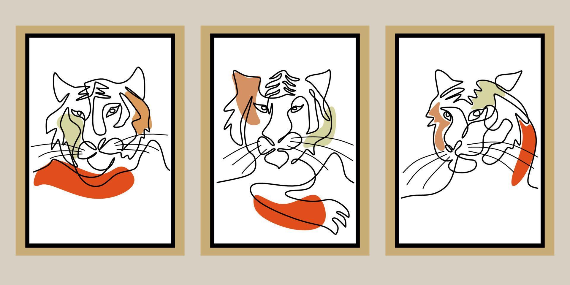 Continuous one line of three surreal tiger posters vector