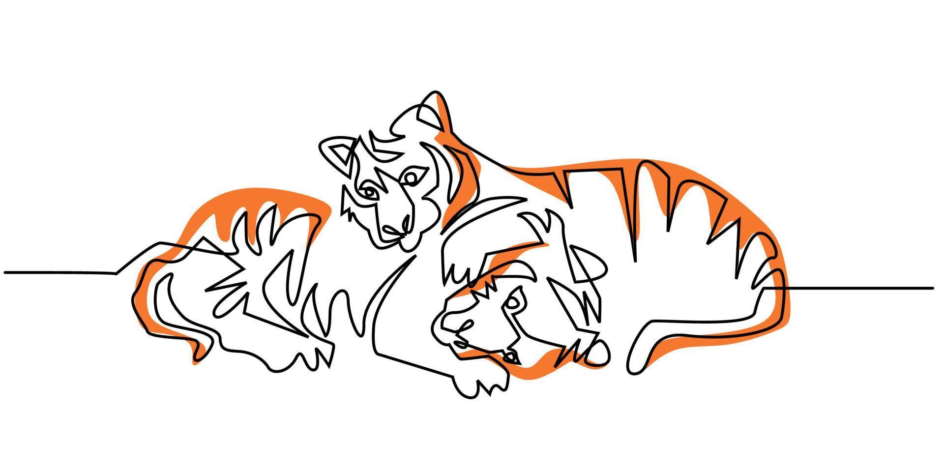 dibujo continuo de una línea de una pareja de tigres abrazándose vector