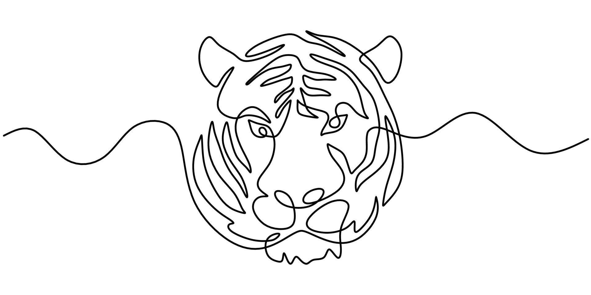 Continuous one line drawing of Tiger head isolated white background. vector