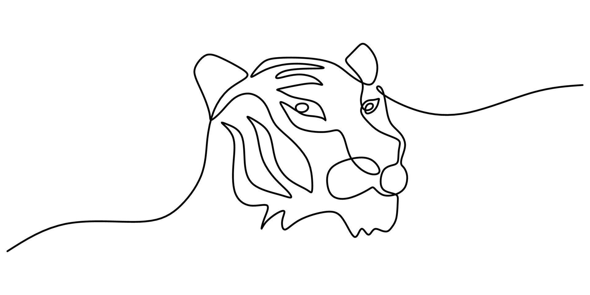 Continuous one line drawing of Tiger head isolated white background. vector