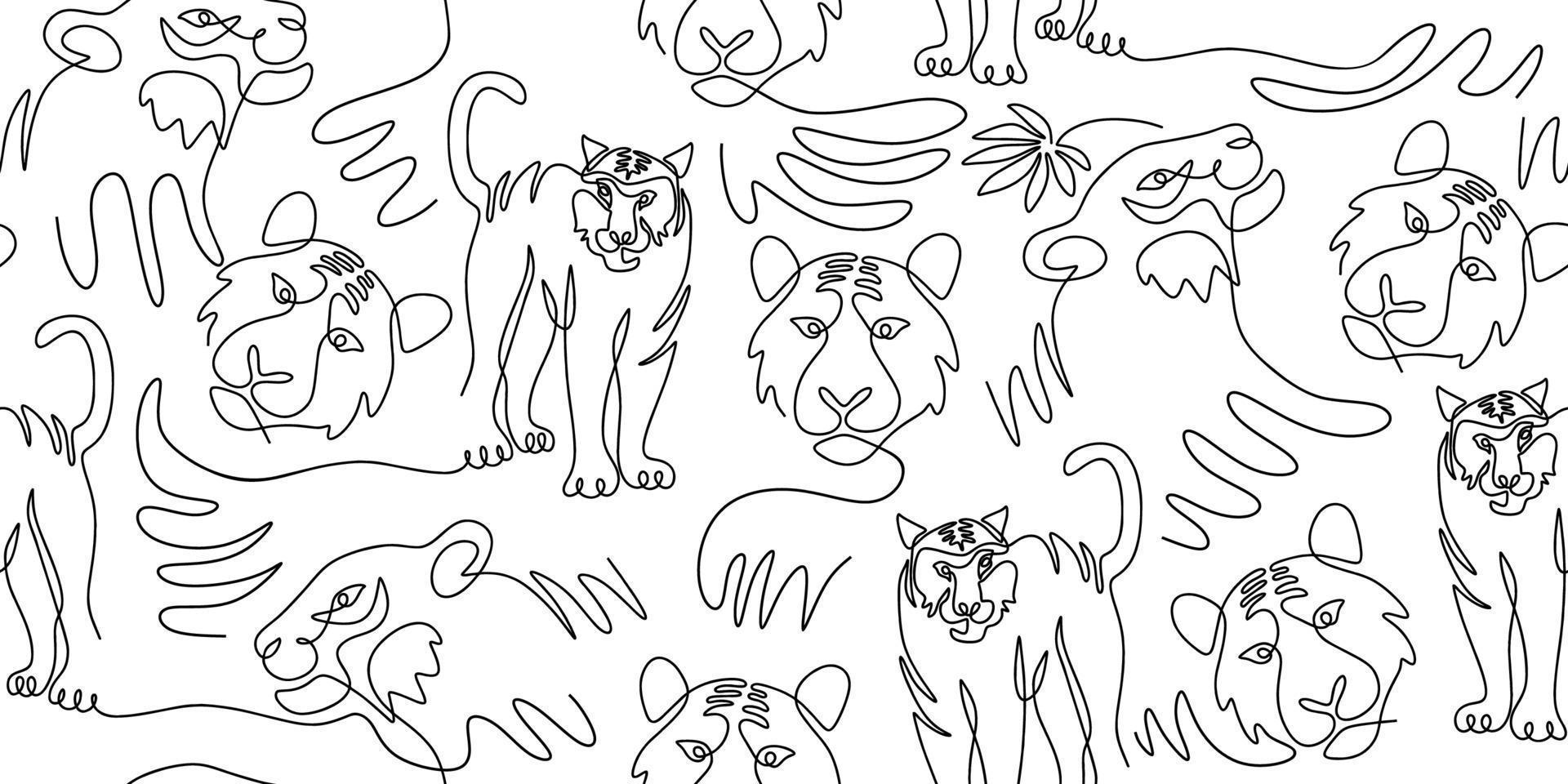 Continuous one line of tiger isolated on seamless pattern vector