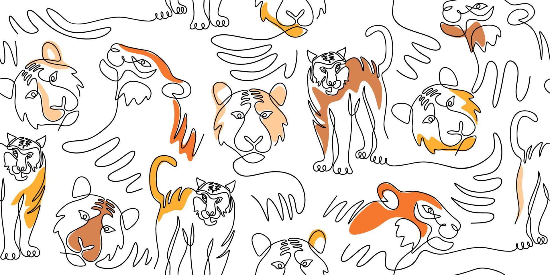 Continuous one line of orange tiger isolated on seamless pattern vector