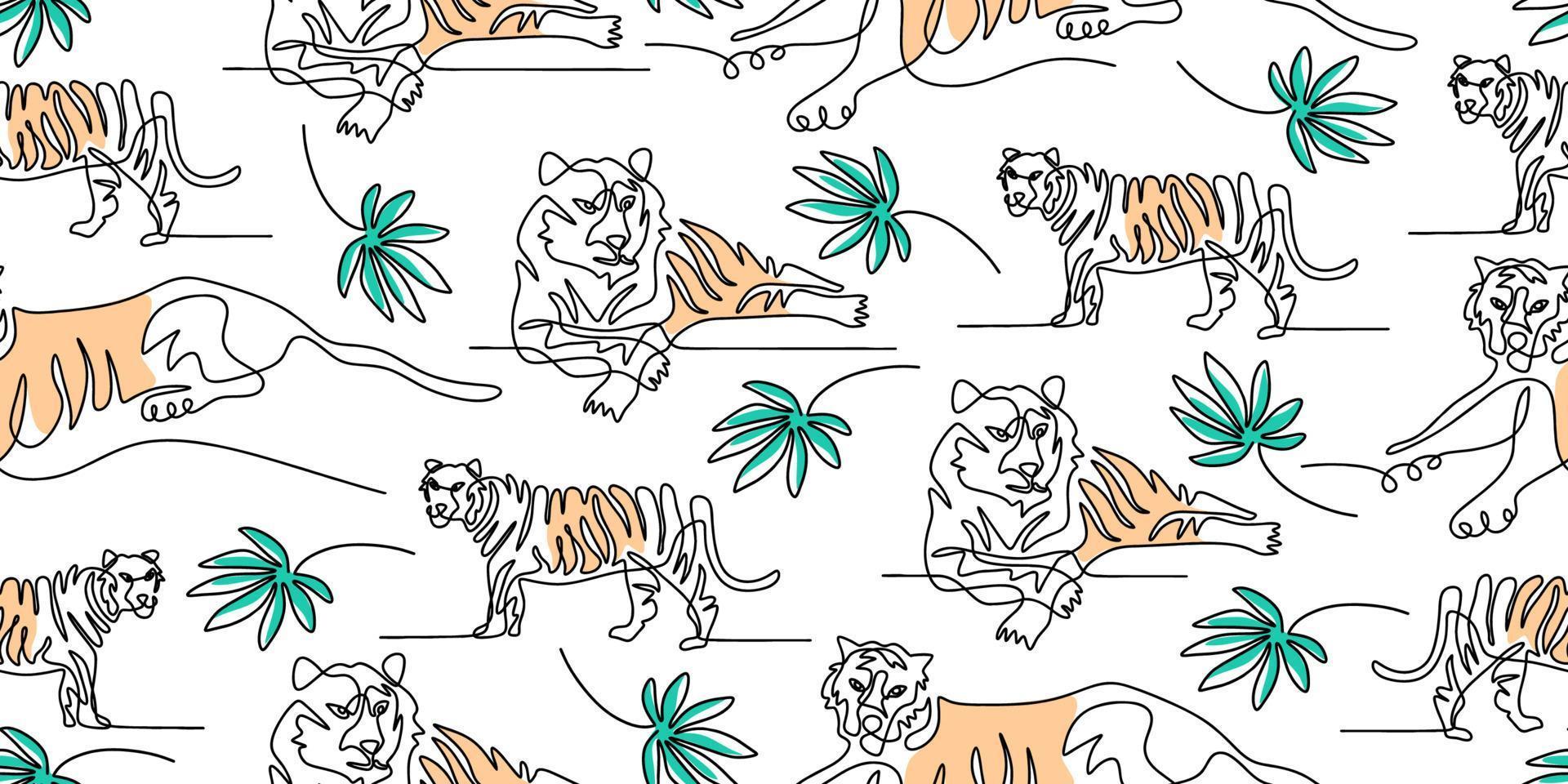 Continuous one line of tiger isolated on seamless pattern vector