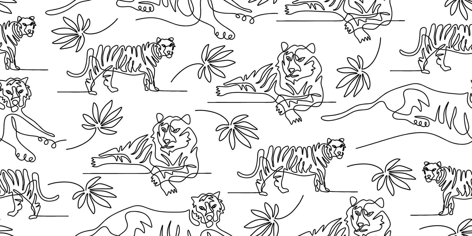 Continuous one line of tiger isolated on seamless pattern vector