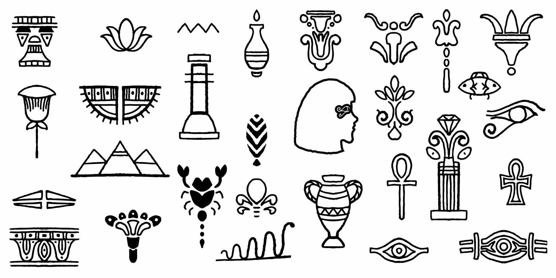 Set of hand drawn egyptian maya ancient symbol on white background. vector