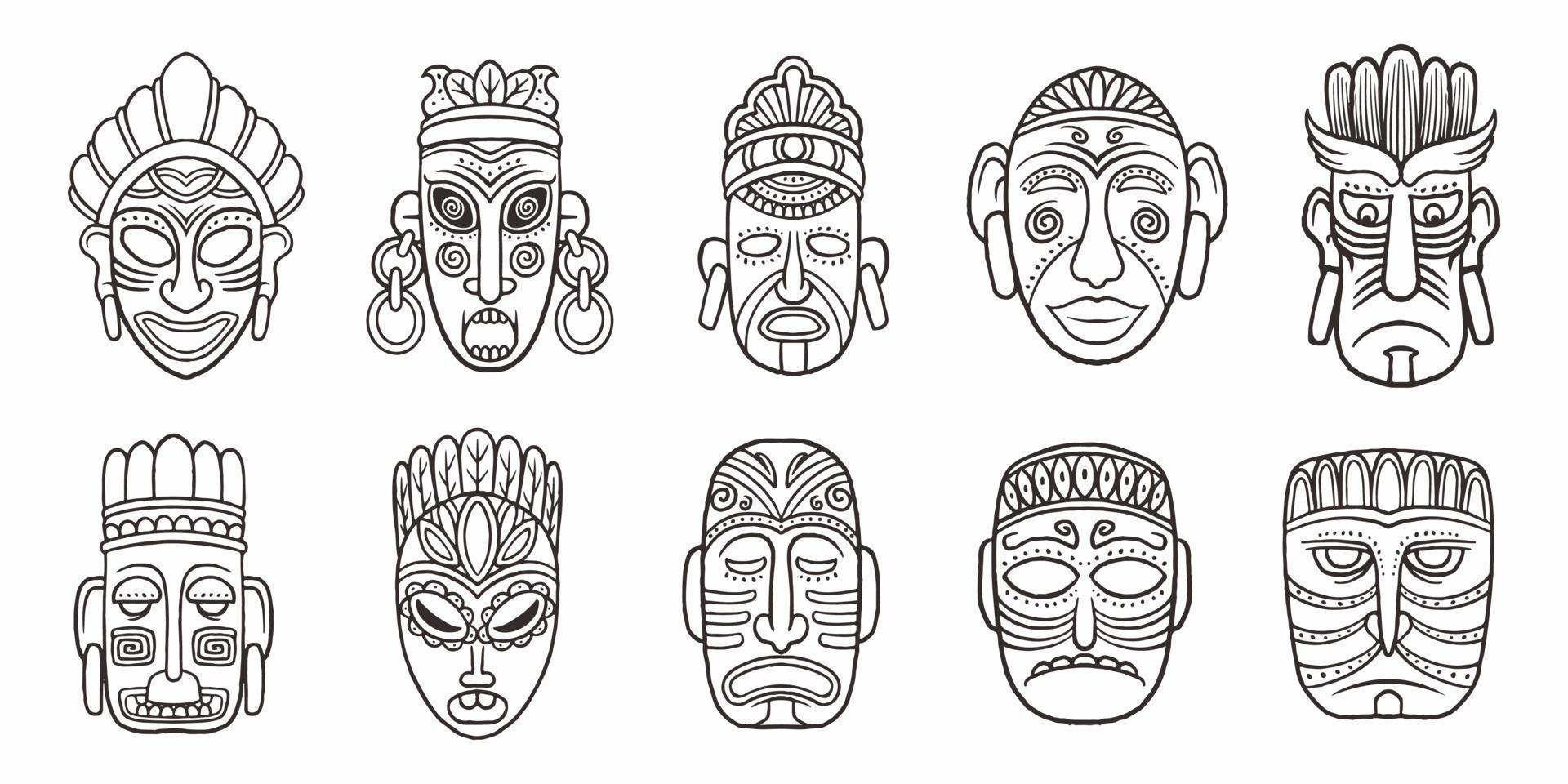 Conjunto de símbolos de caras mayas dibujados a mano aislados sobre fondo blanco. vector