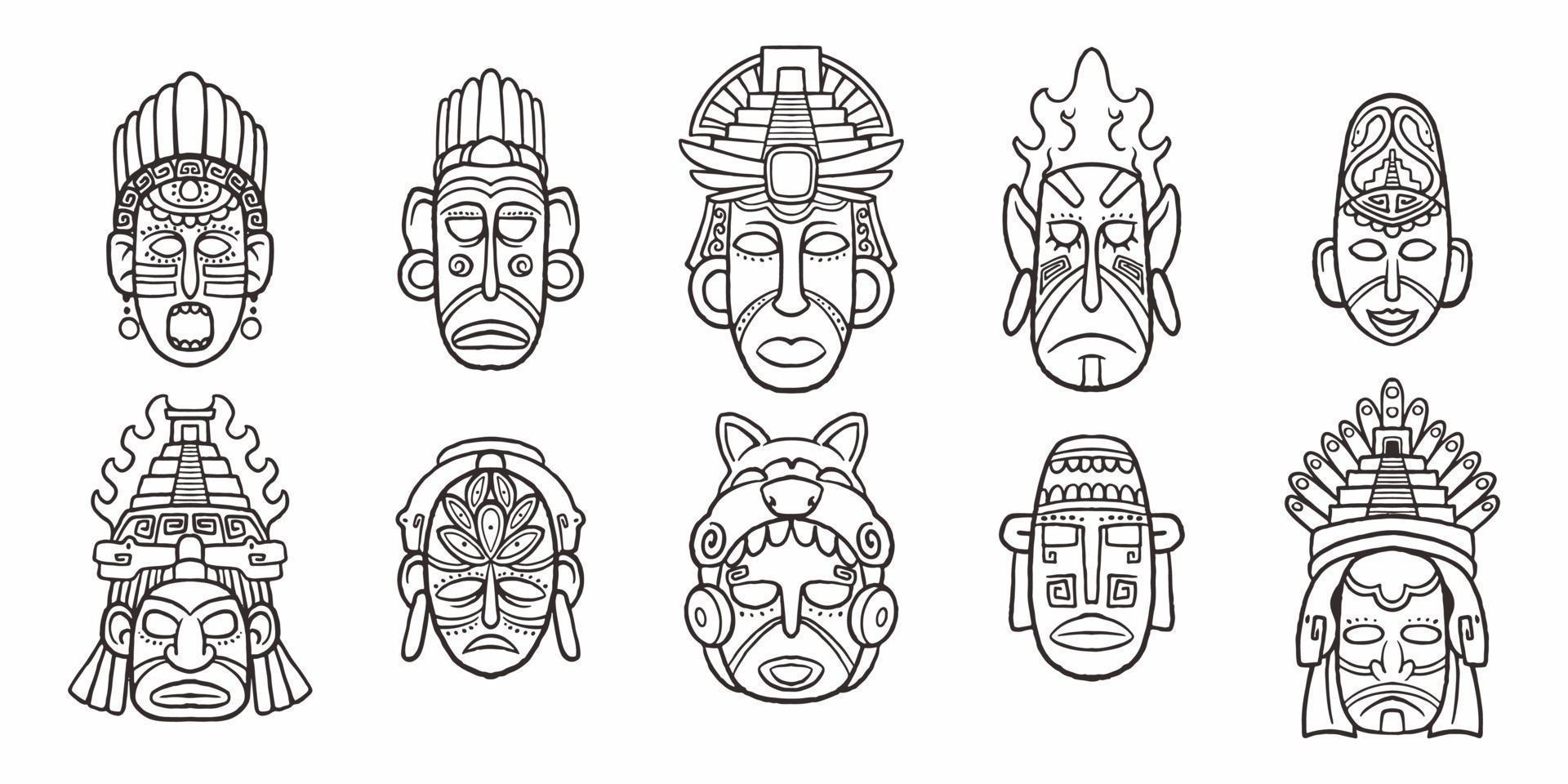 Conjunto de símbolos de caras mayas dibujados a mano aislados sobre fondo blanco. vector