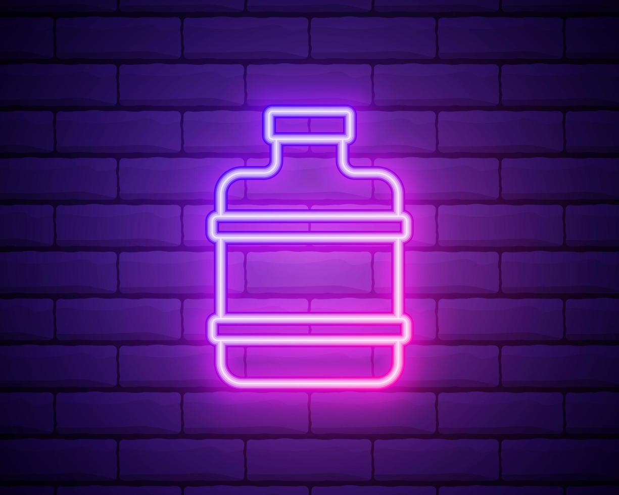 Glowing neon Big bottle with clean water icon isolated on brick wall background. Plastic container for the cooler. Vector