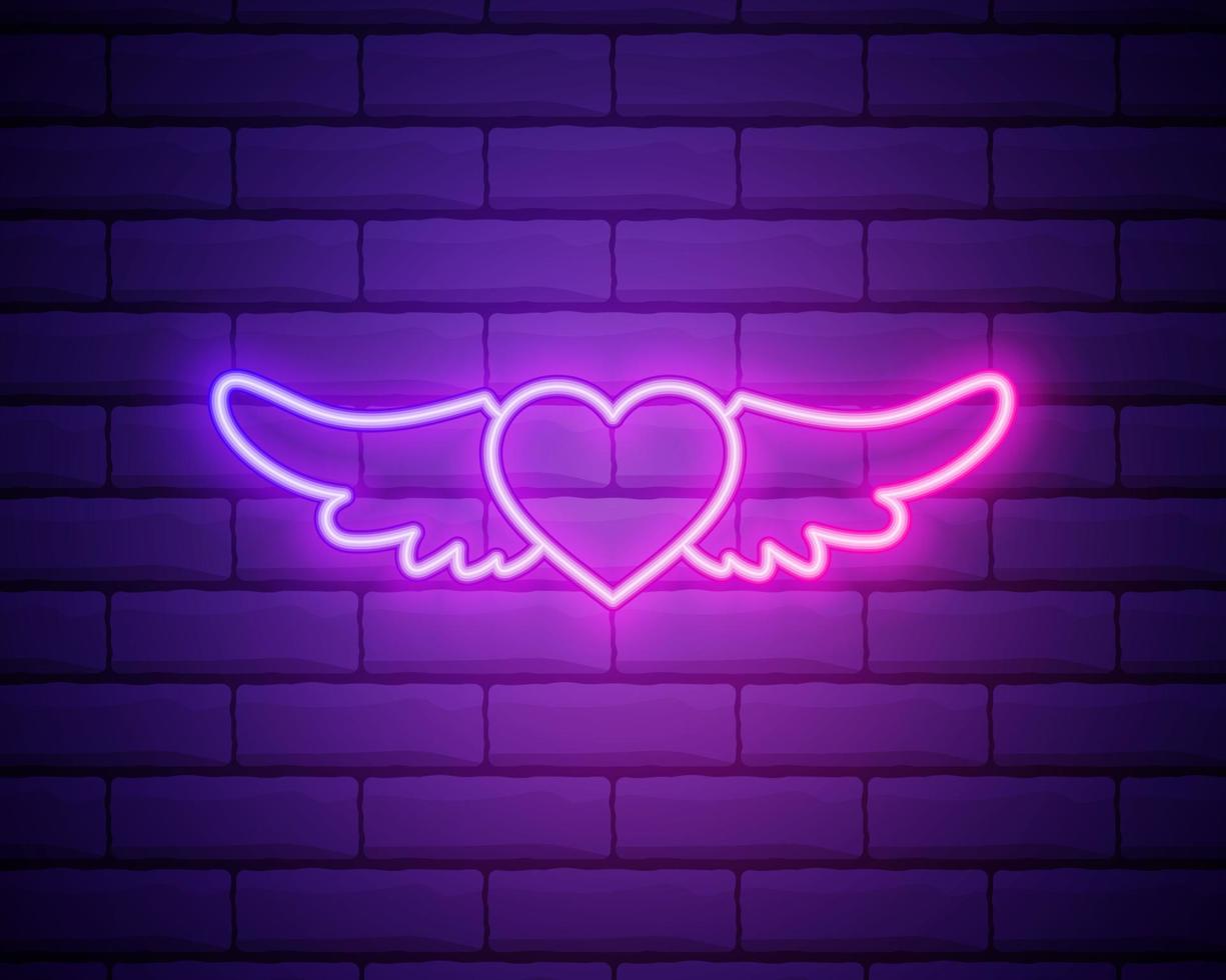 corazón con alas púrpura brillante neón ui ux icono. vector de logotipo de signo brillante aislado sobre fondo de pared de ladrillo.