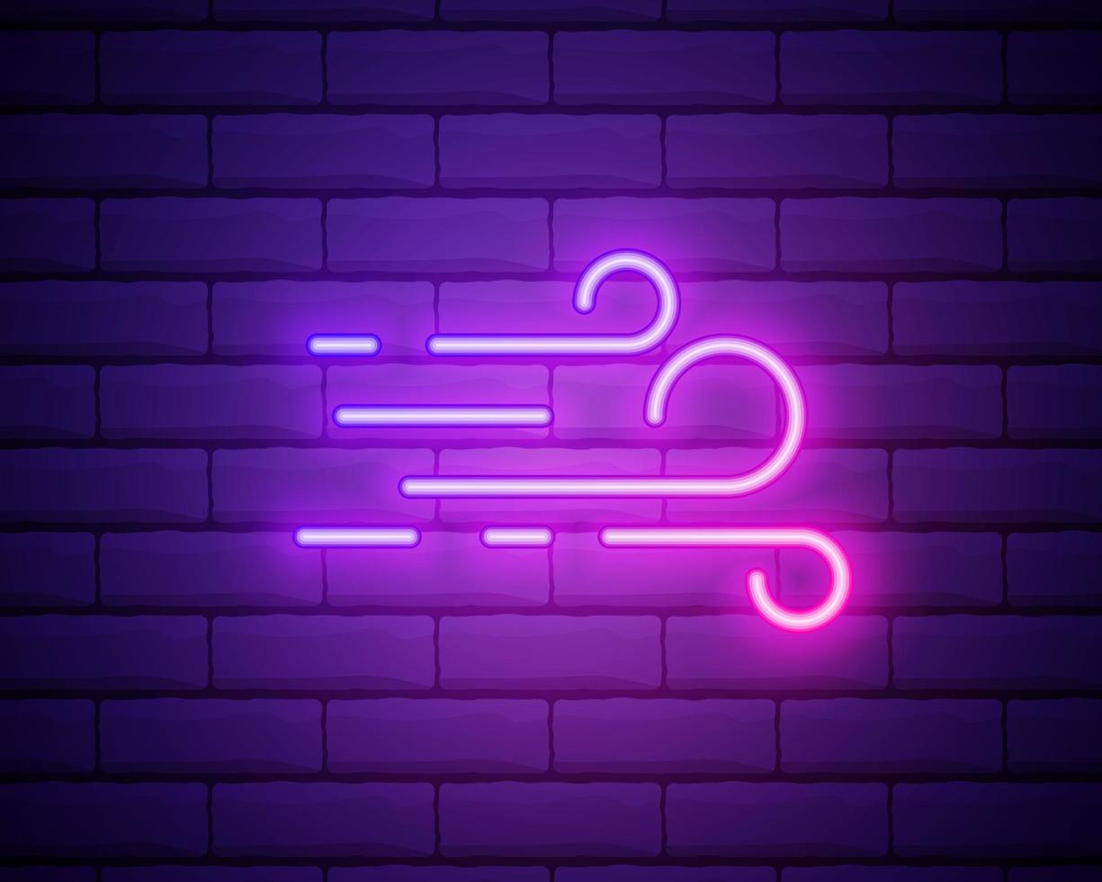 Wind icon glow neon style, concept weather condition outline flat vector illustration, isolated on black. Brick background, web climate label stuff.