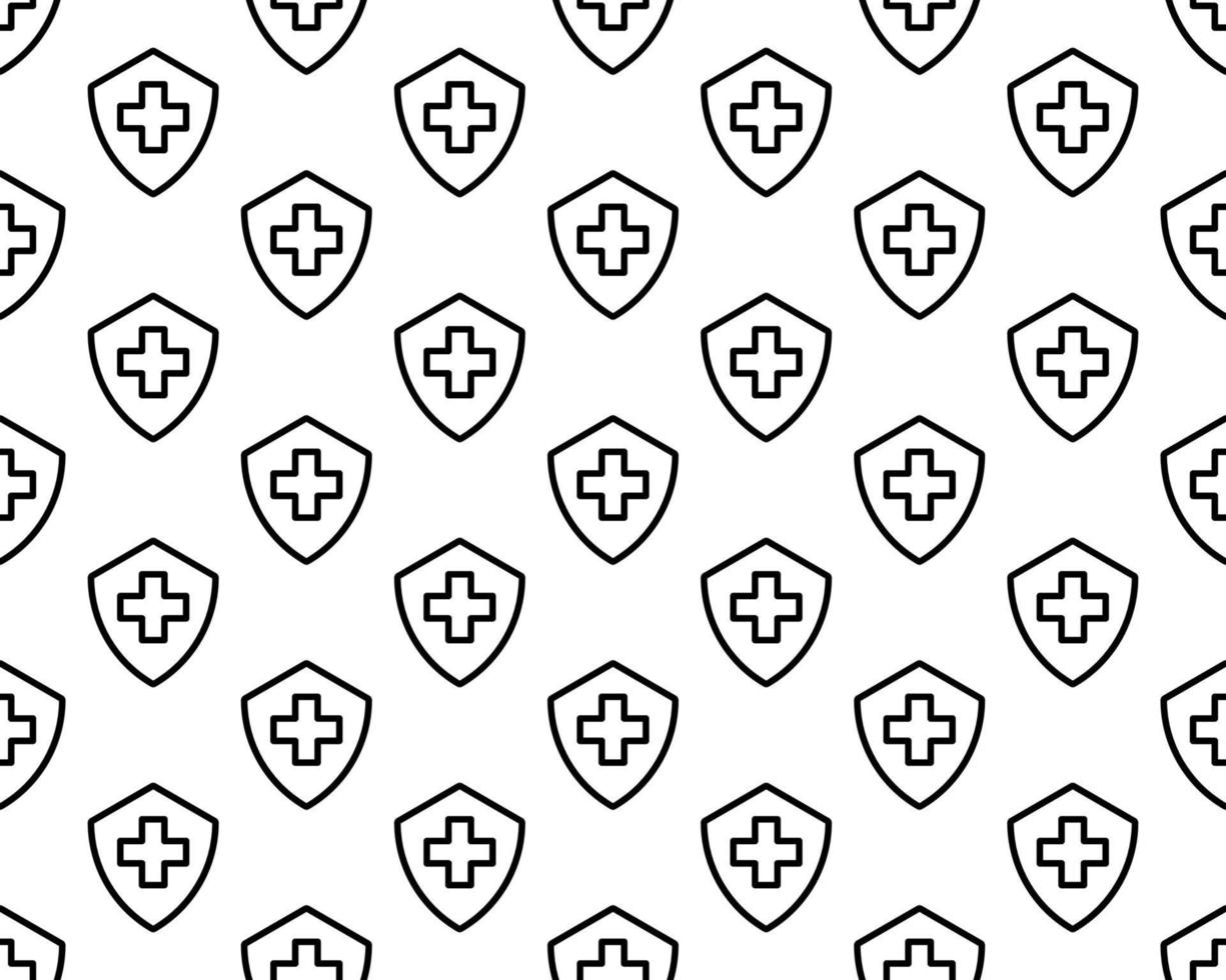 Grey Medical shield with cross icon isolated seamless pattern on white background. Health protection concept. Safety badge icon. Privacy banner. Security label. Vector Illustration