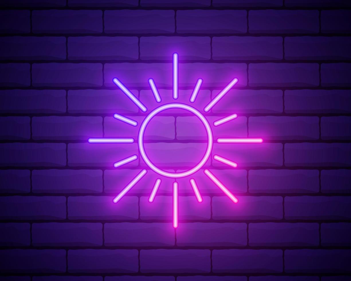 Sun pink glowing neon ui ux icon. Glowing sign logo vector isolated on brick wall backogrund.