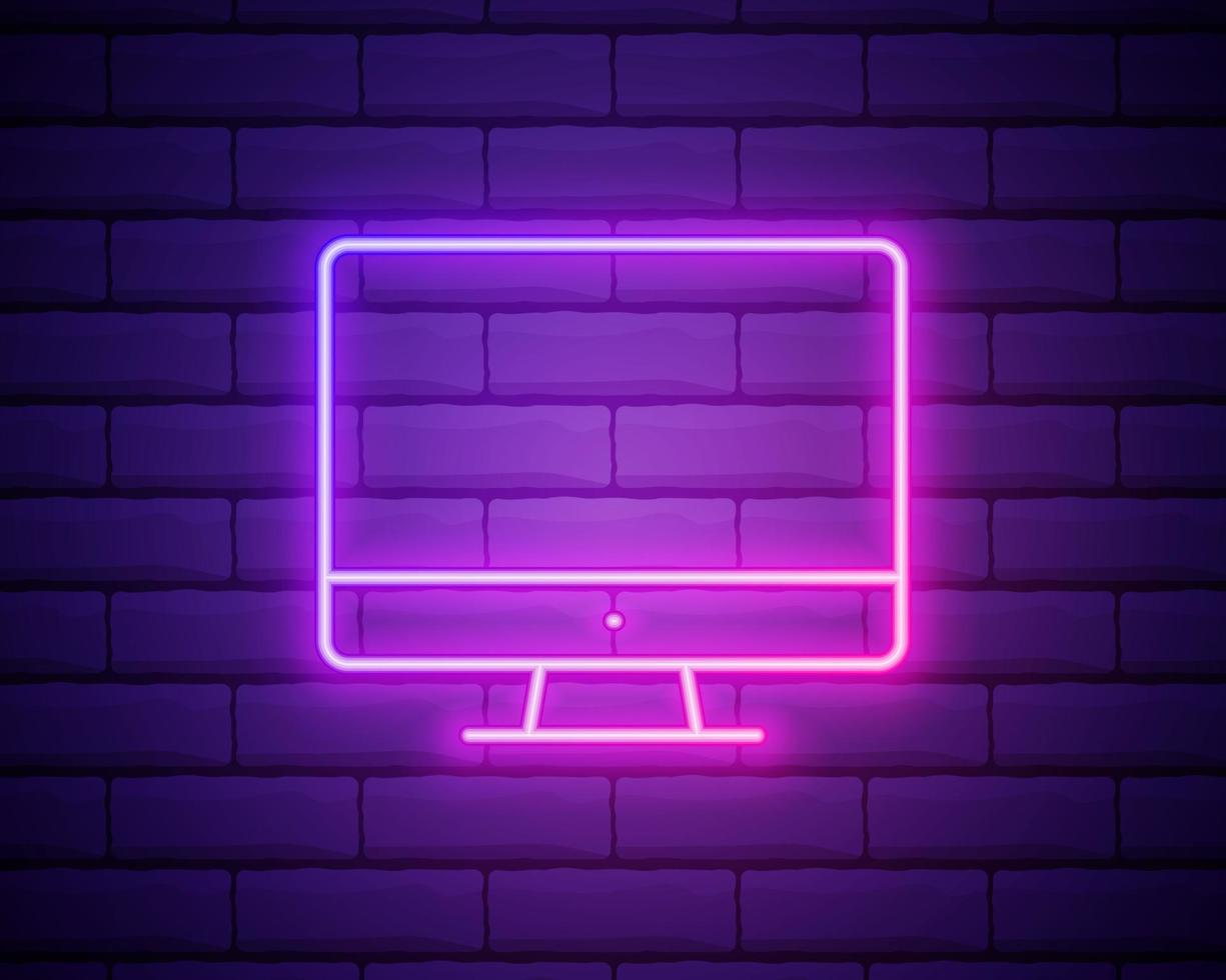 Glowing neon line Computer monitor screen icon isolated on brick wall background. Electronic device. Front view. Colorful outline concept. Vector