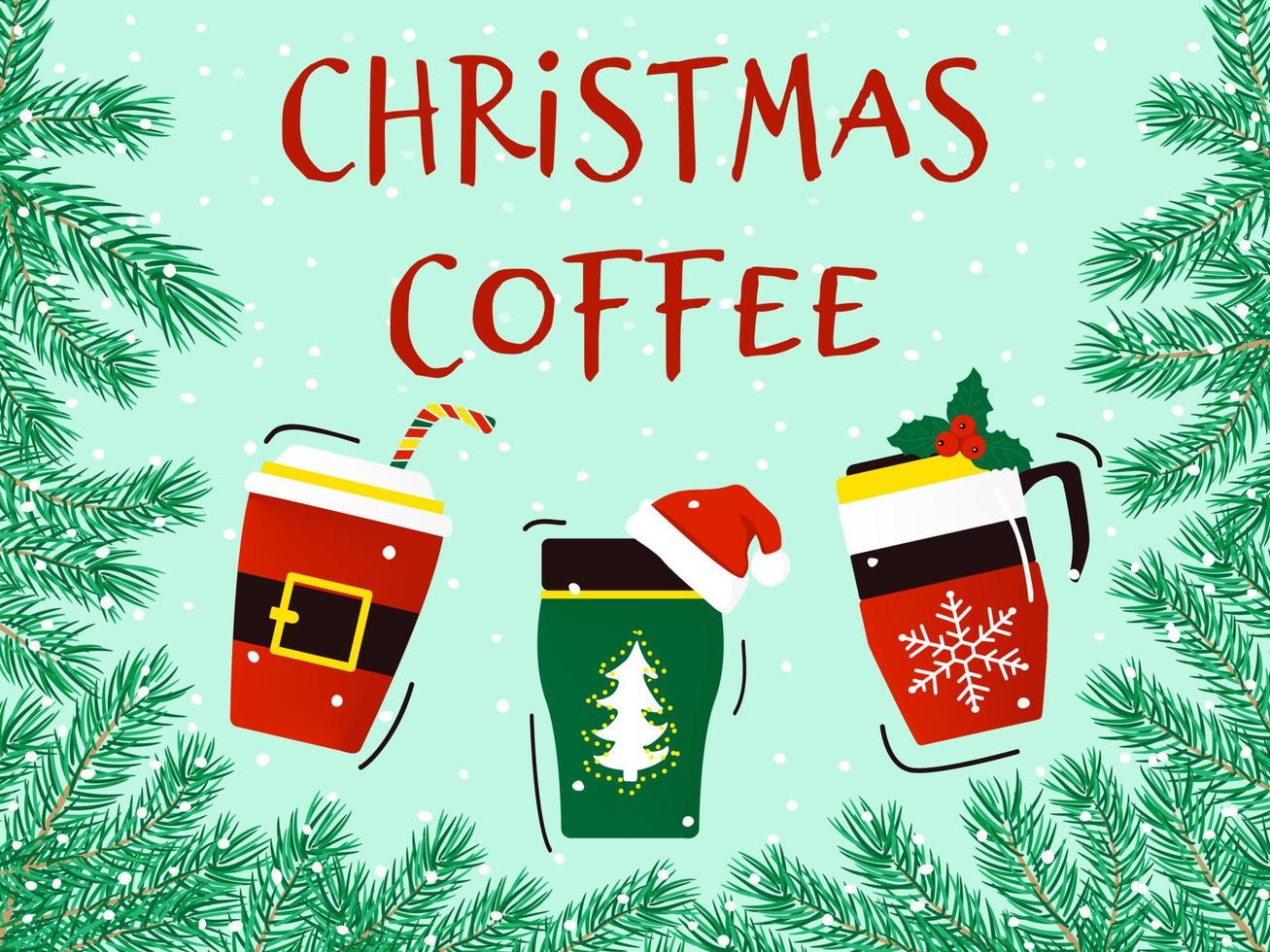 Three cups of coffee on background of pine branches. Christmas banner. Vector illustration isolated.