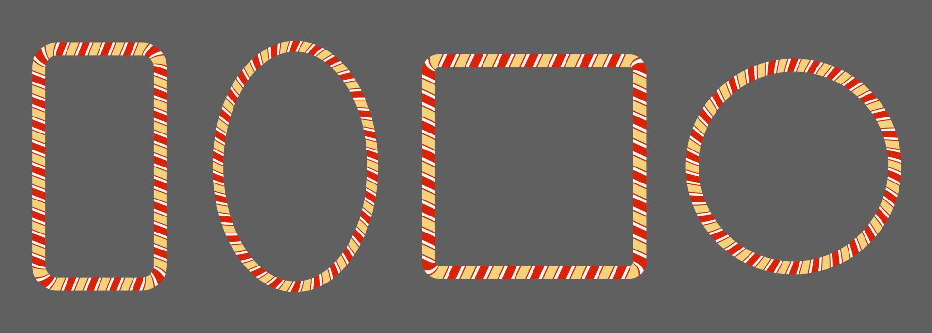 Frame of sweets candy cane. Set classic of red gold borders. Vector isolated flat design.