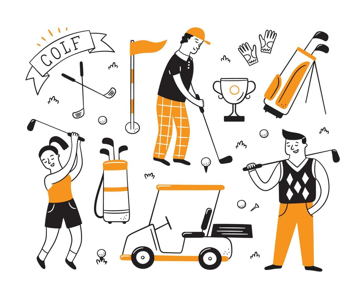 Golf equipment and golfers in doodle style. Club, bag and golf cart. Hand drawn vector illustration