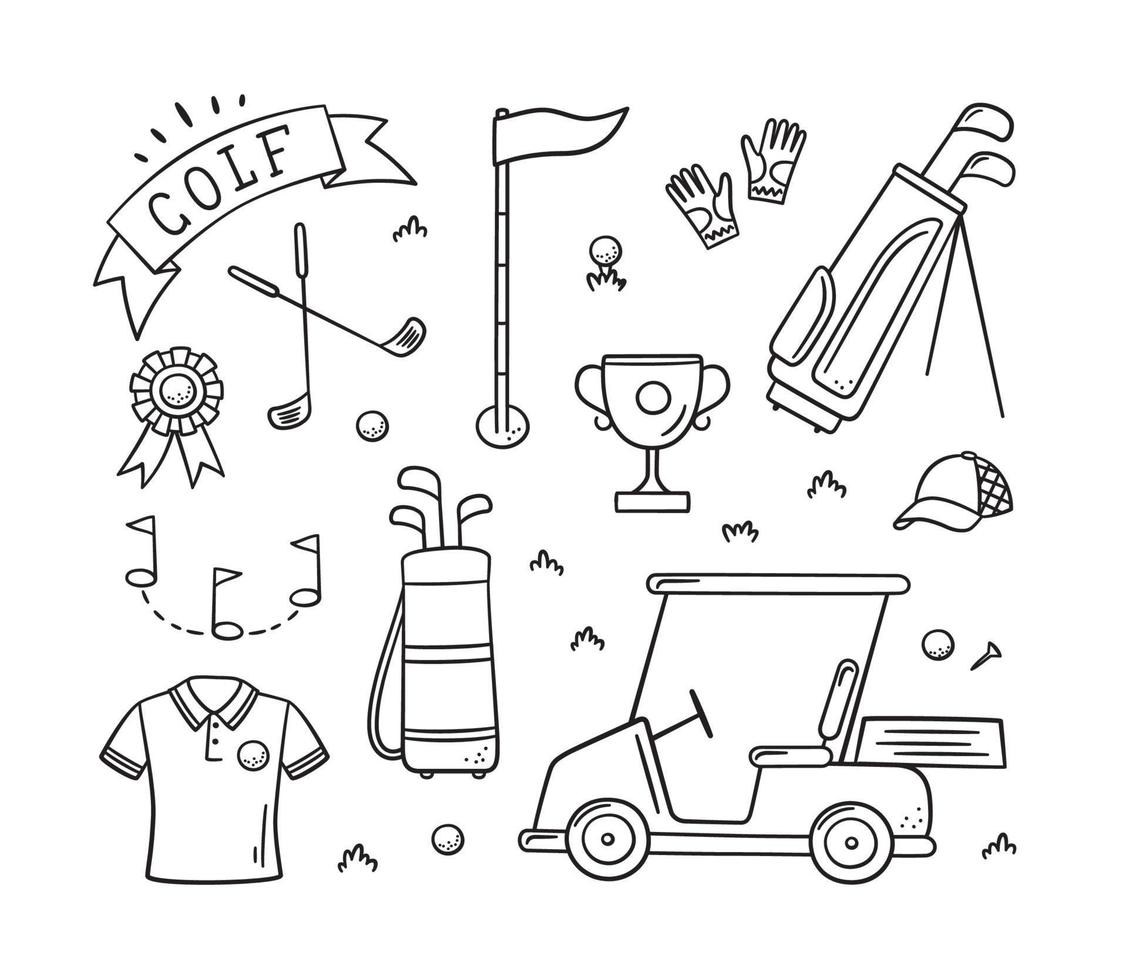 Golf equipment and golfers in doodle style. Club, bag and golf cart. Hand drawn vector illustration