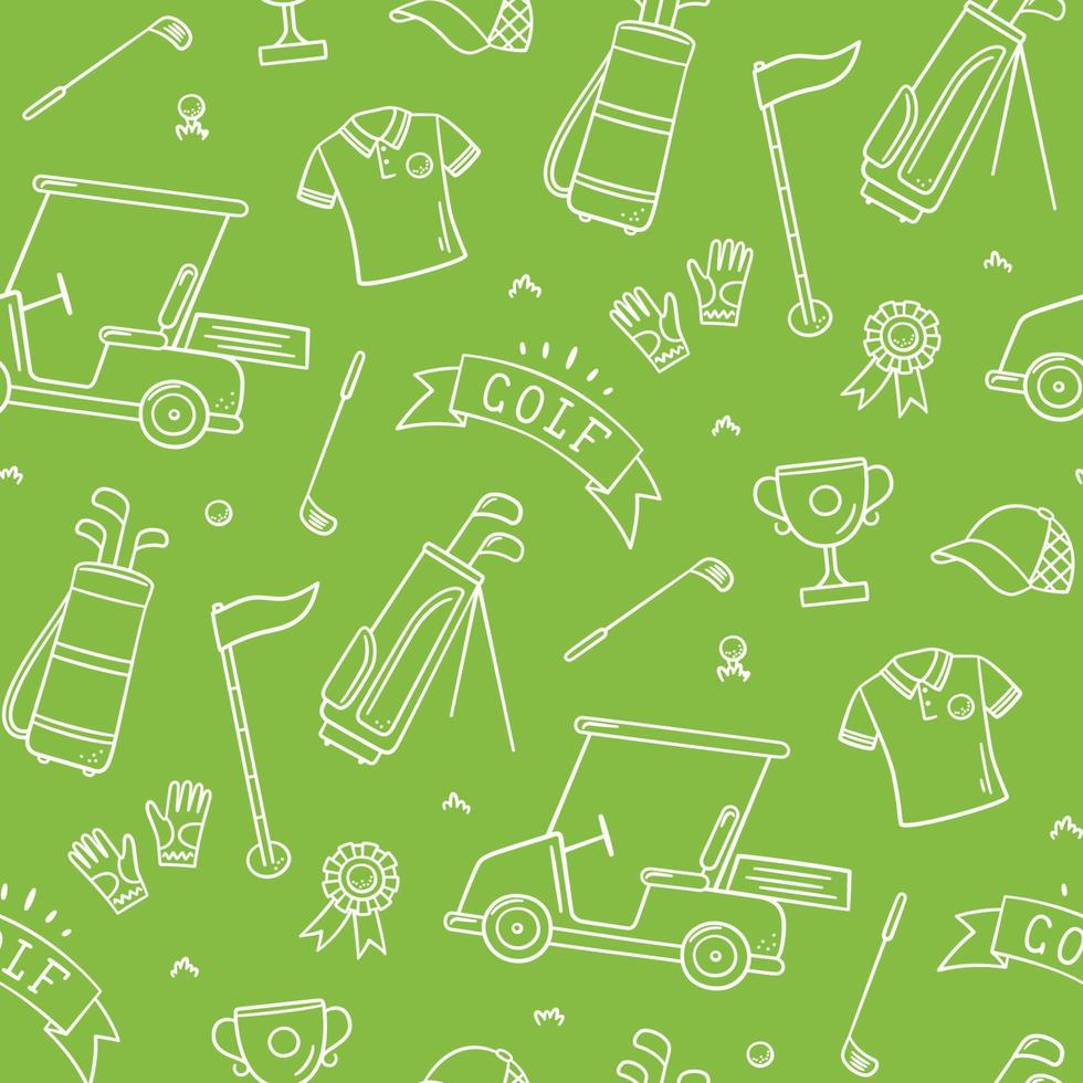 Golf seamless pattern - club, ball, flag, bag and golf cart in doodle style. Hand drawn vector illustration