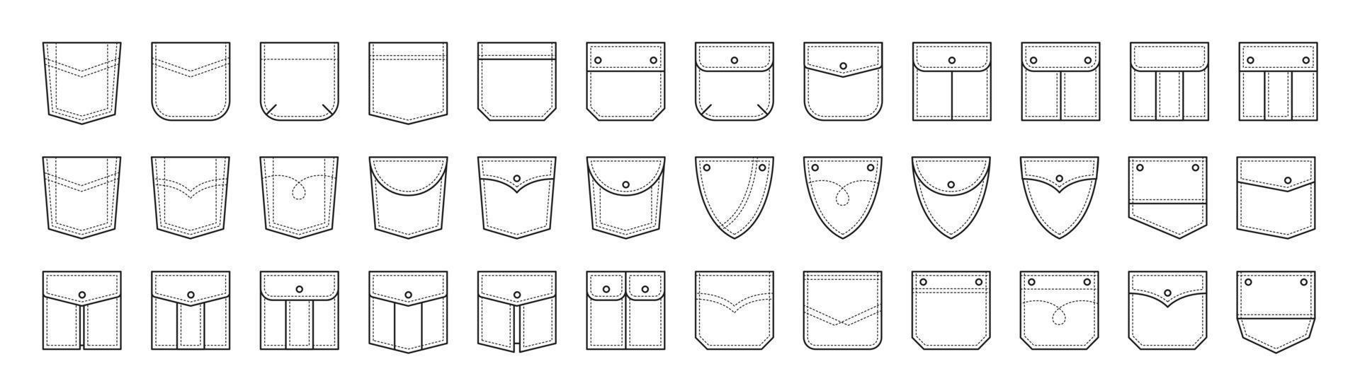 Set of patch pocket icons for pants, t-shirts and other clothing. Isolated linear vector illustration on white background