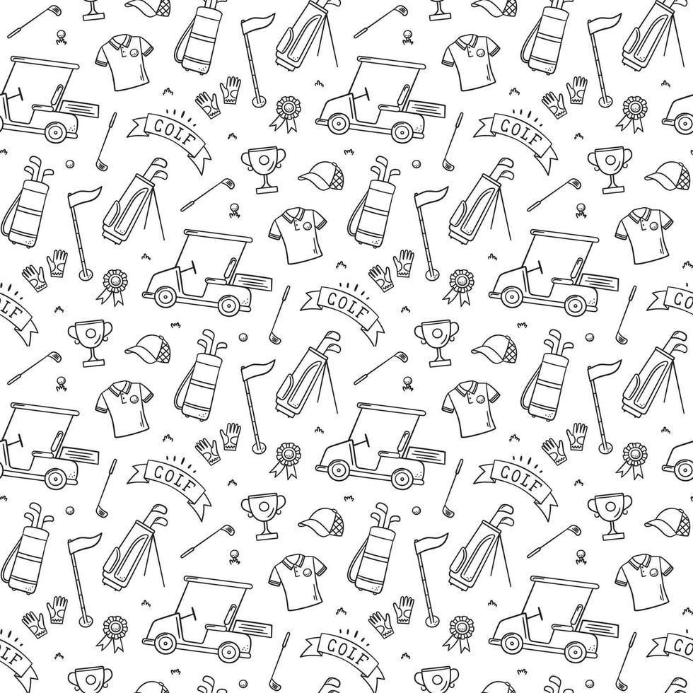 Golf seamless pattern - club, ball, flag, bag and golf cart in doodle style. Hand drawn vector illustration