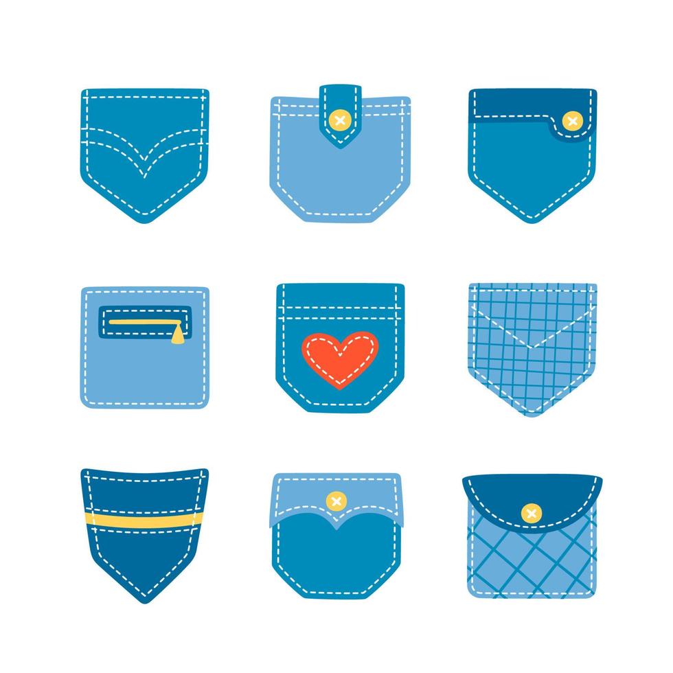 Set of and drawn patch pockets for denim pants and other clothing. Isolated cartoon vector illustration