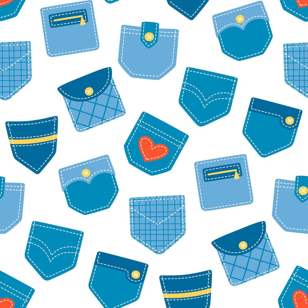 Seamless pattern with hand drawn denim patch pockets. Cartoon vector illustration