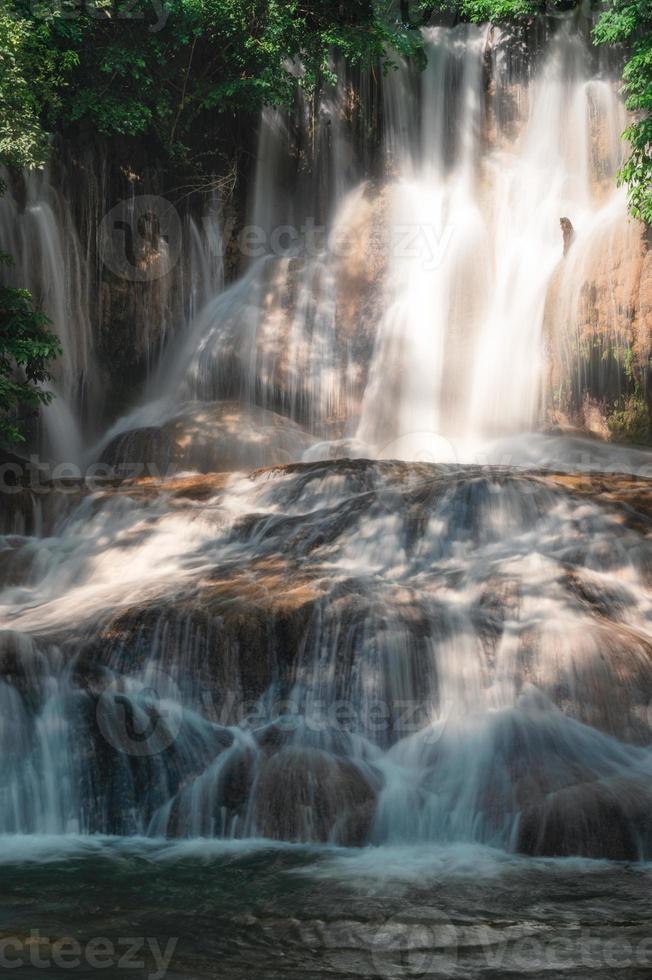 Sai Yok Noi waterfall flowing on limestone in tropical rainforest at national park photo