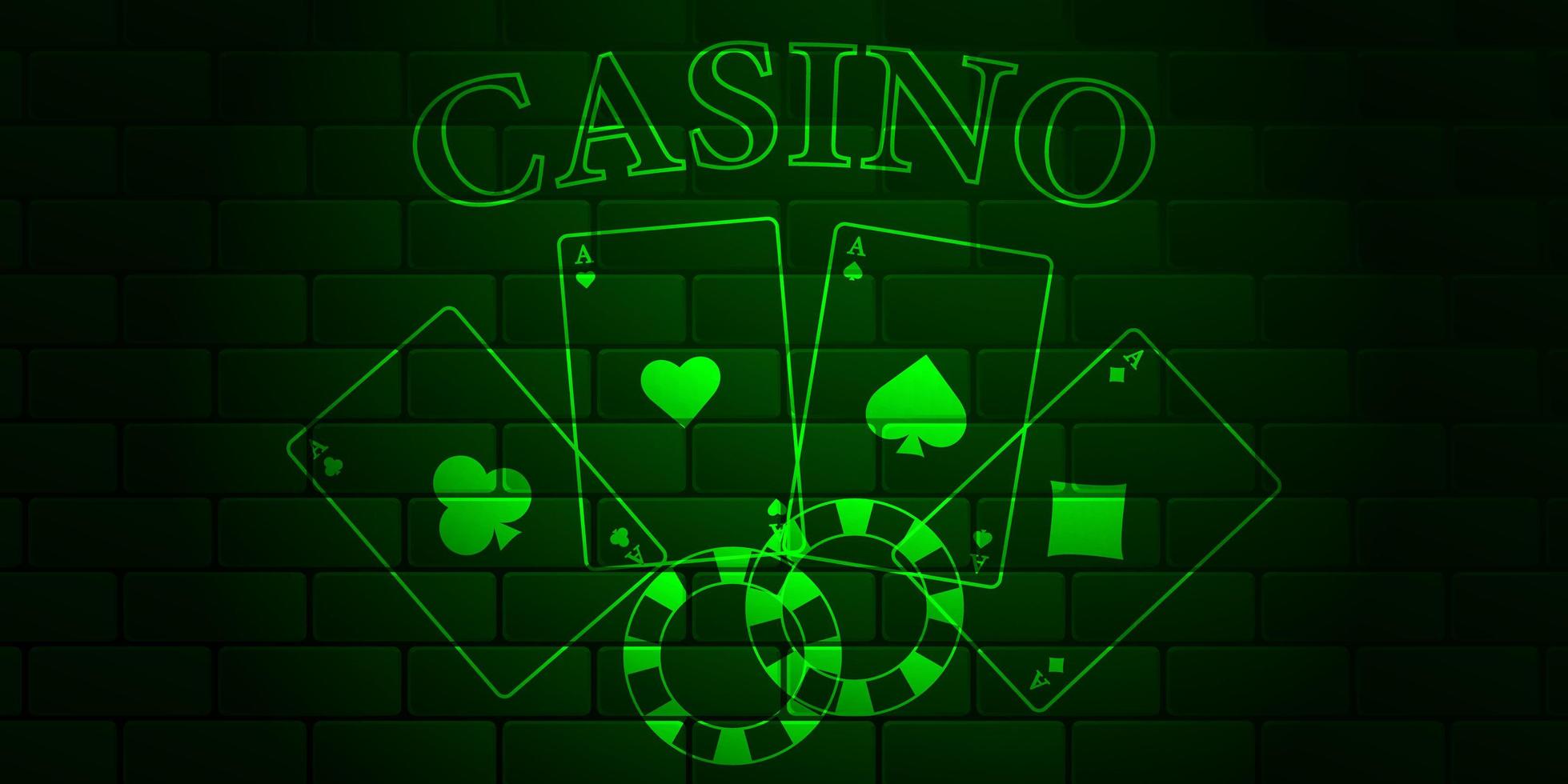 Dark green brick wall with glowing text text Casino, playing cards and casino chips. Aces of all stripes. Vector illustration.