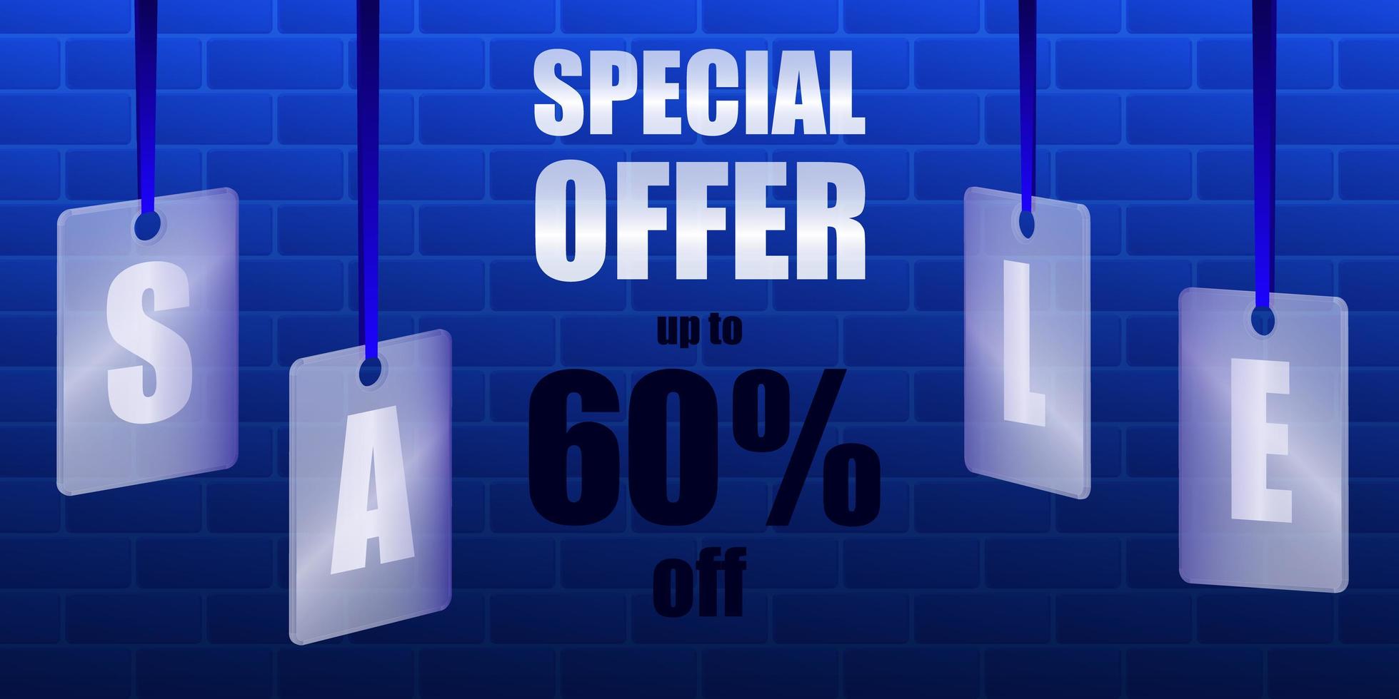 Sale Special offer. Translucent glass or plastic cards with letters on blue silk ribbons with brickwork on a blue background. Vector illustration.