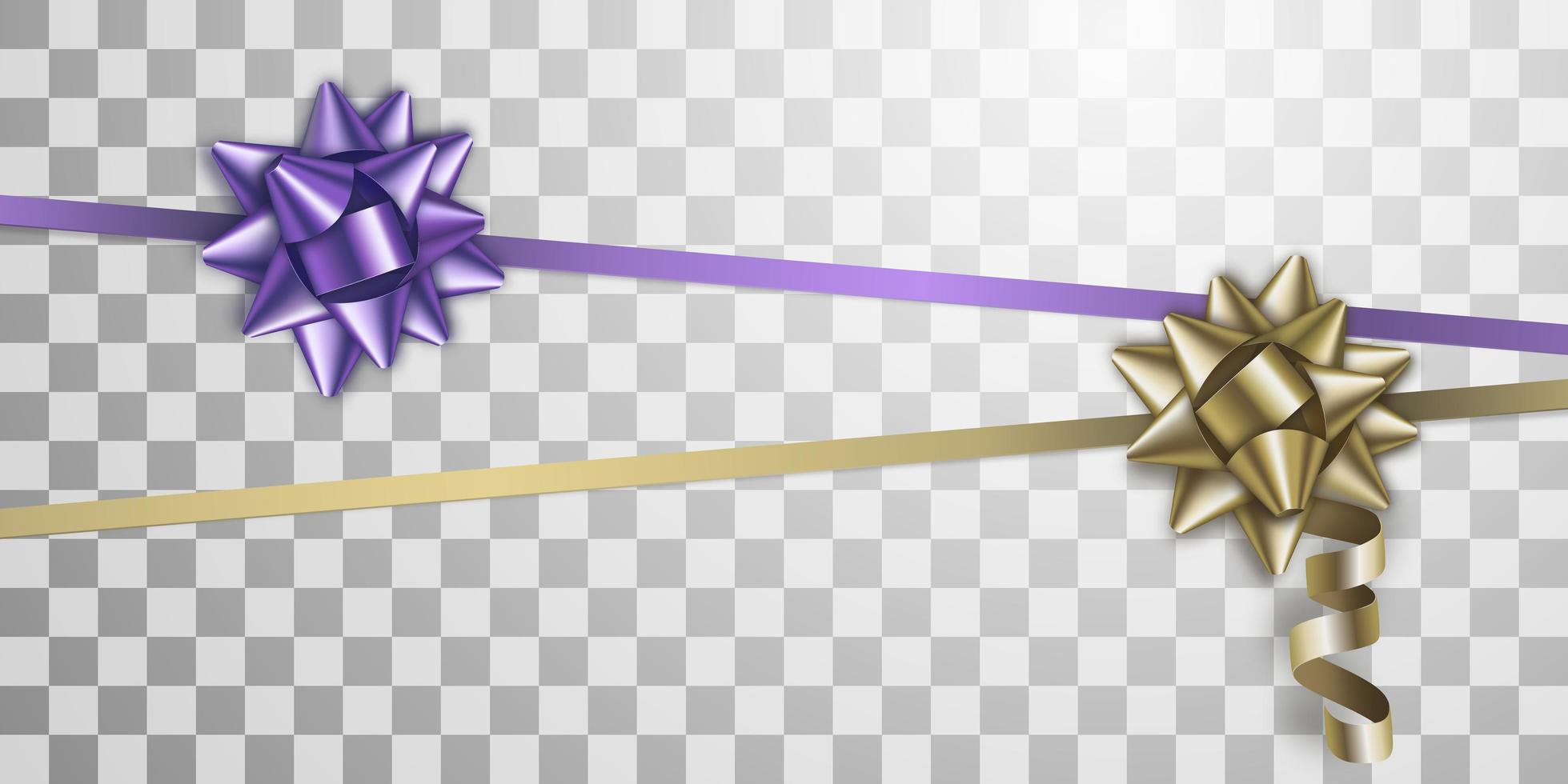 Beautiful realistic purple and gold bows with ribbons on a transparent background. Vector illustration