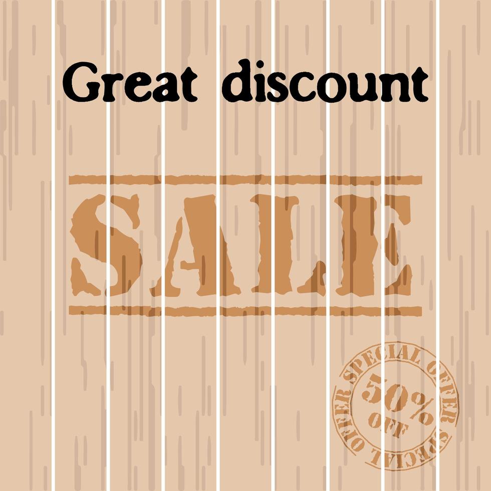 Sale banner Great discount. Cargo shopping box from wooden planks background. Vector illustration