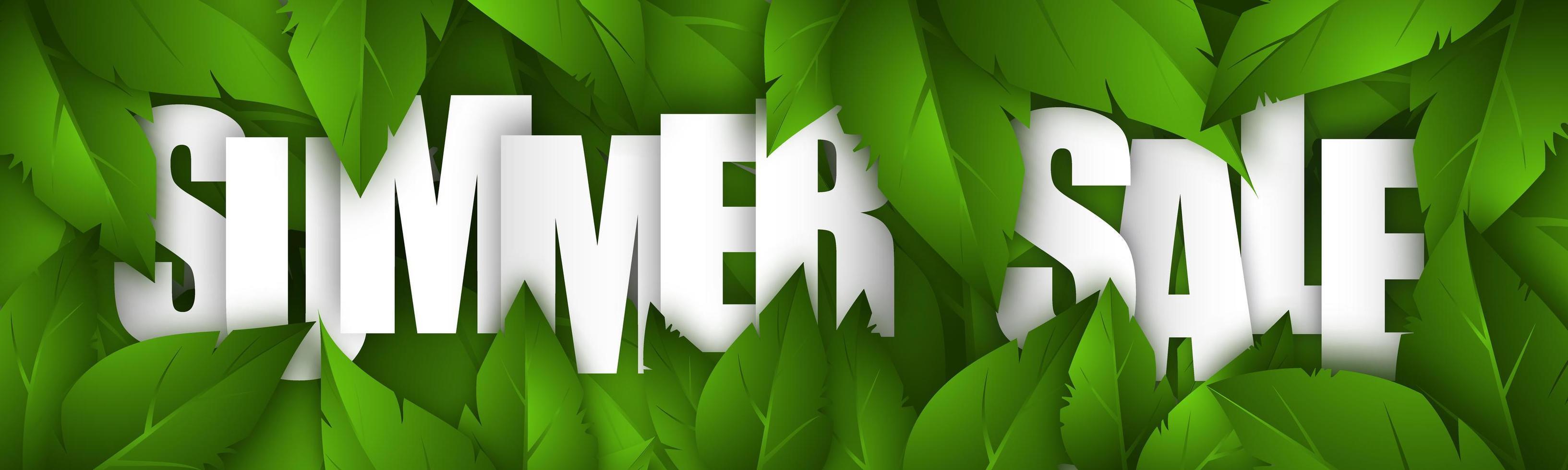 Summer sale background with green leaves and white text. Template design for posters, flyers, brochures, banners. Vector illustration.