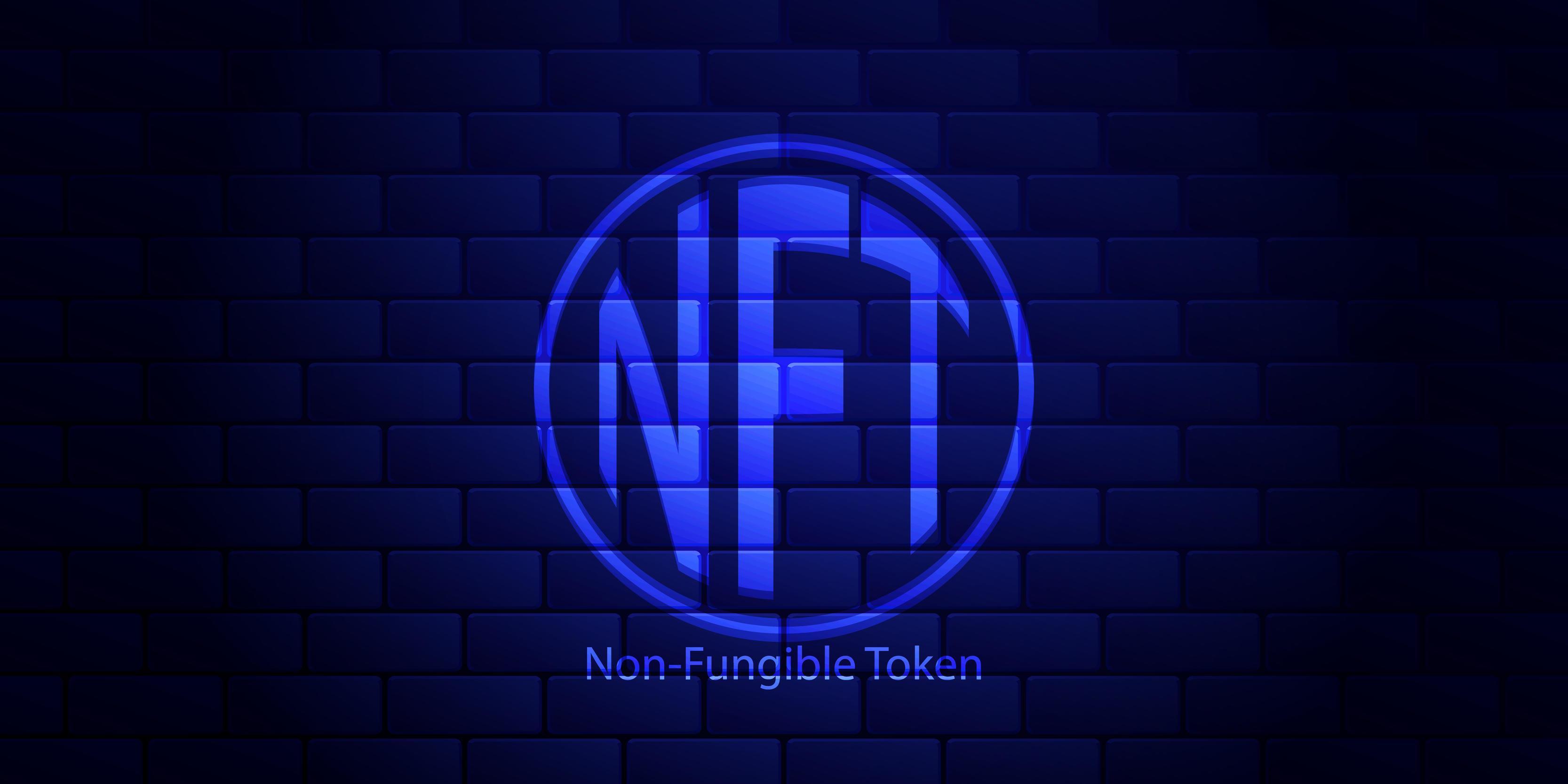 Concept banner NFT non fungible tokens on dark blue background. Dark blue brick wall. Vector illustration.