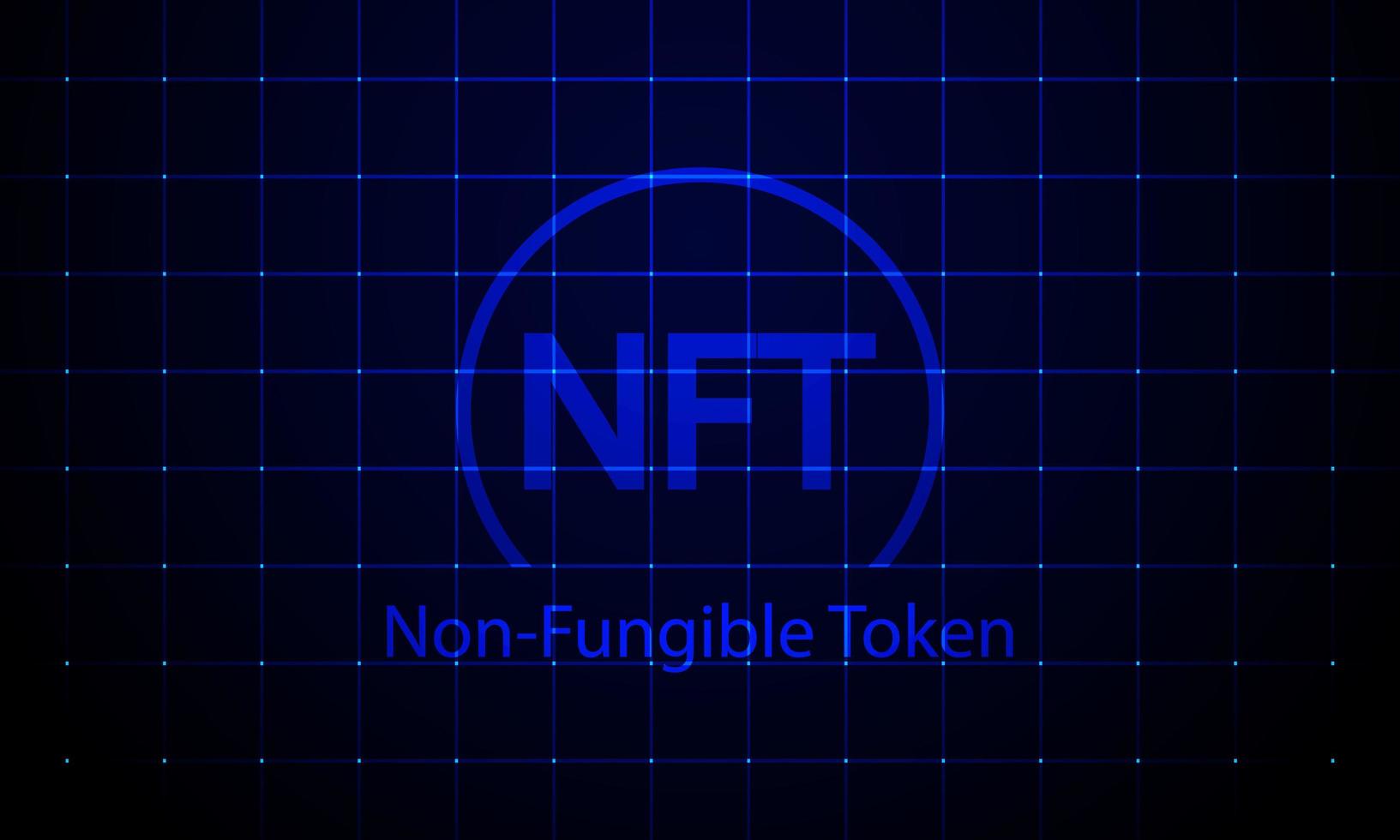 Concept banner NFT non fungible tokens on dark blue background with neon grid. Vector illustration.