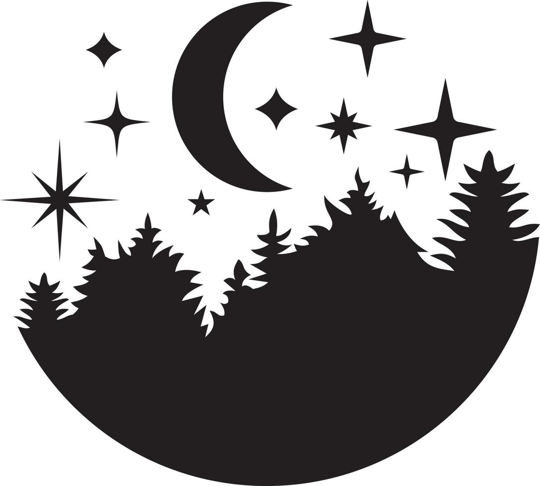 silueta de bosque, luna y estrellas vector