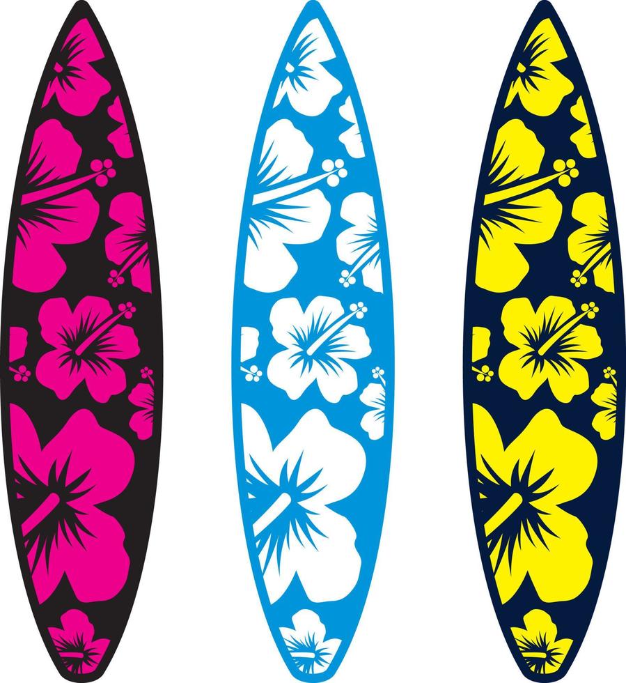 tabla de surf con estampado de flores de hibisco hawaiano vector