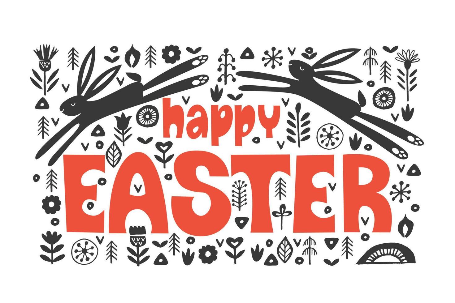 happy Easter. Black and white greeting card. Folk style. vector